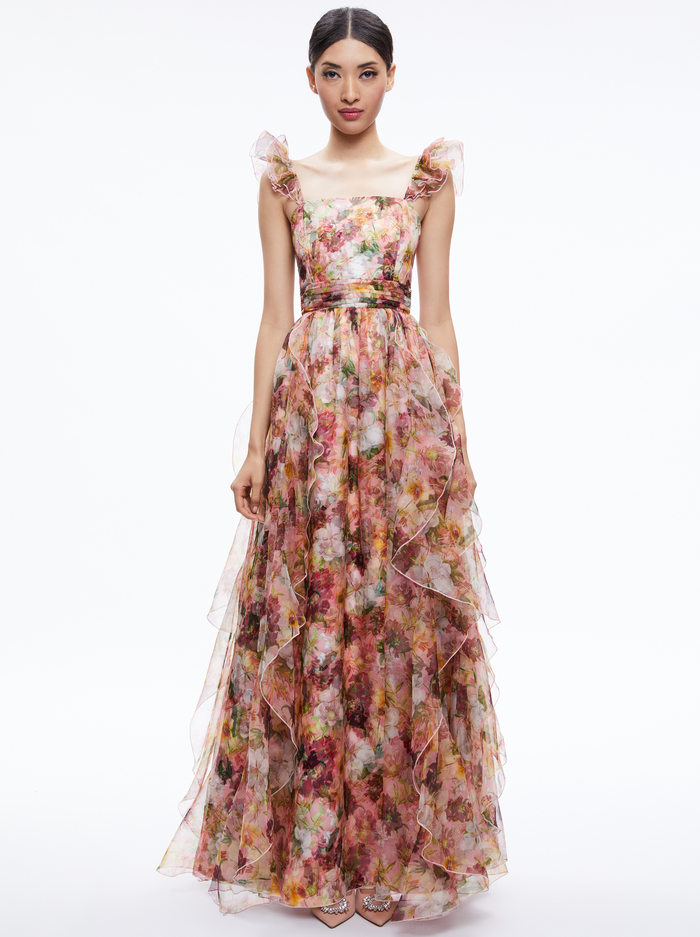 JASMINA RUFFLE GOWN - JUNIPER FLORAL BLACK image 4 - Alice And Olivia