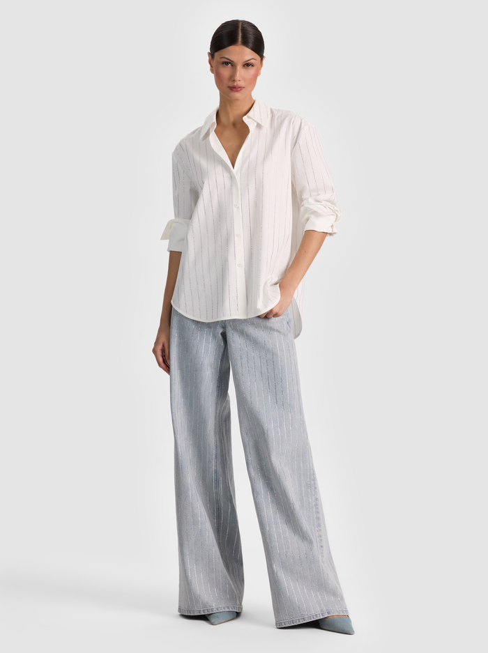 FINELY EMBELLISHED OVERSIZED BUTTON DOWN - OFF WHITE/CLEAR CRYSTAL PINSTR image 1 - ALICE + OLIVIA