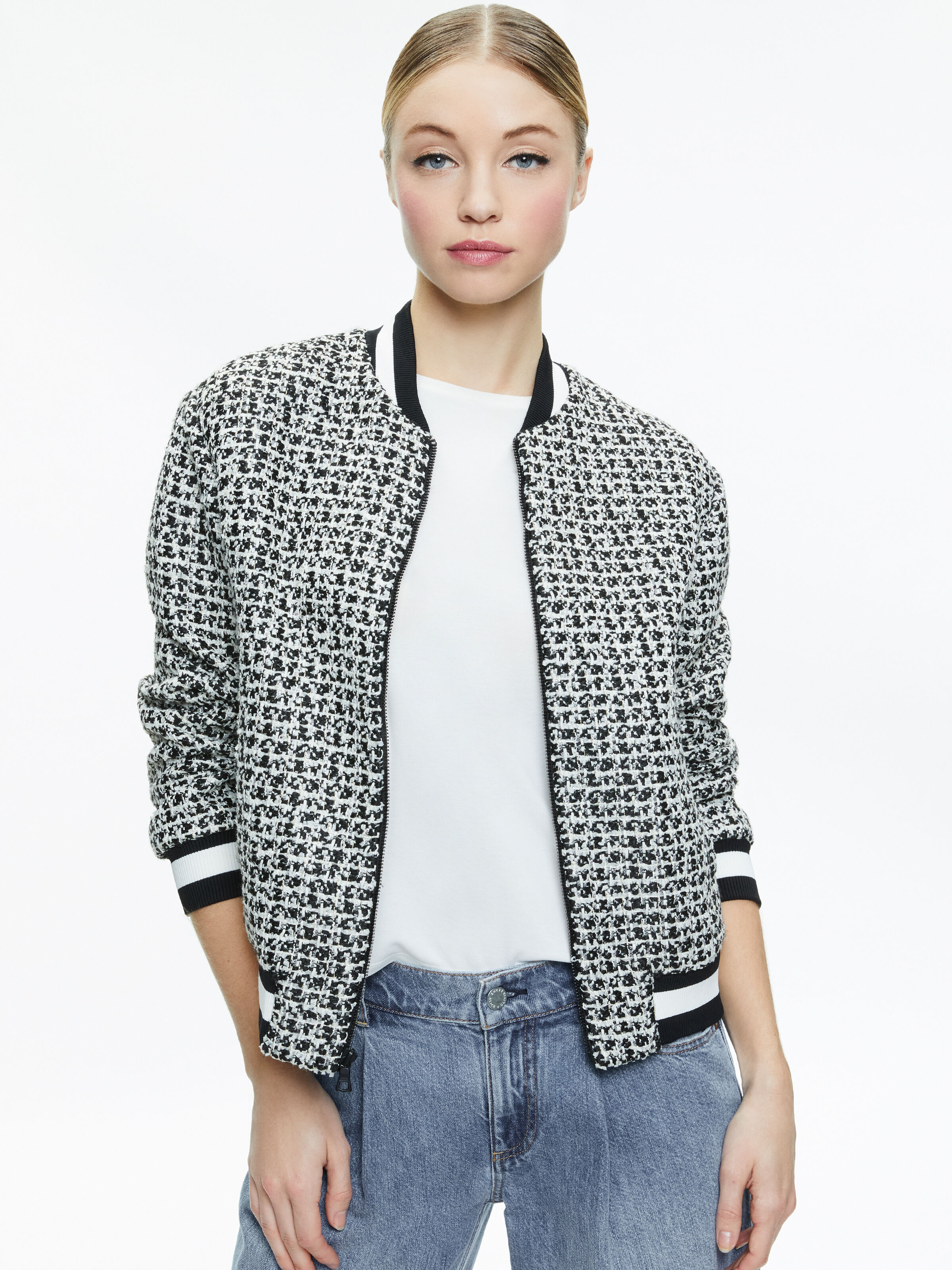 Felisa Varsity Bomber Jacket In Black off White Alice And Olivia