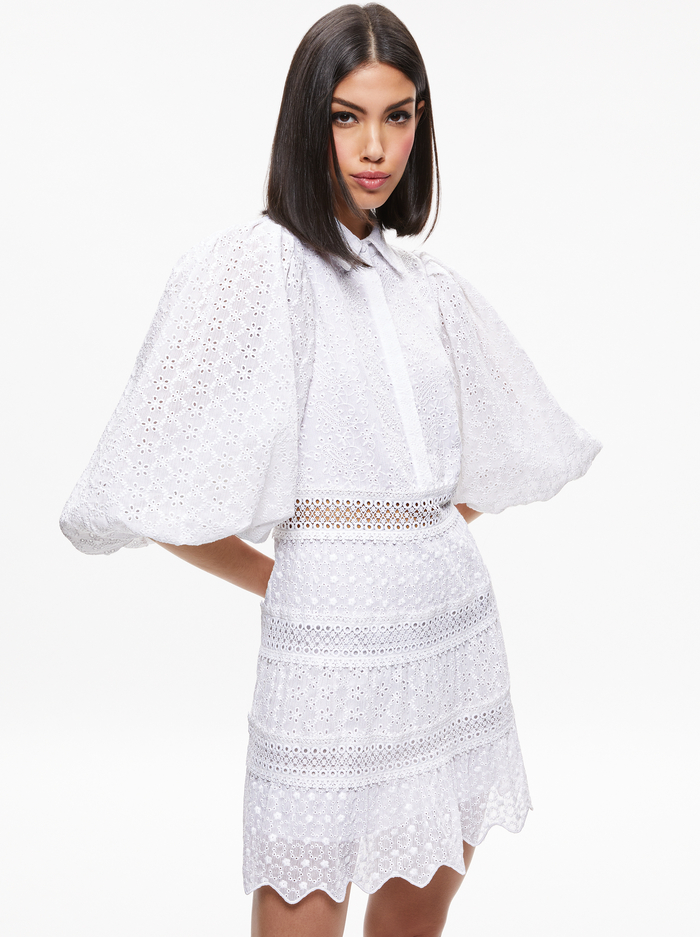 BLAKESLEY BLOUSON SLEEVE EYELET MINI DRESS - WHITE image 2 - ALICE + OLIVIA