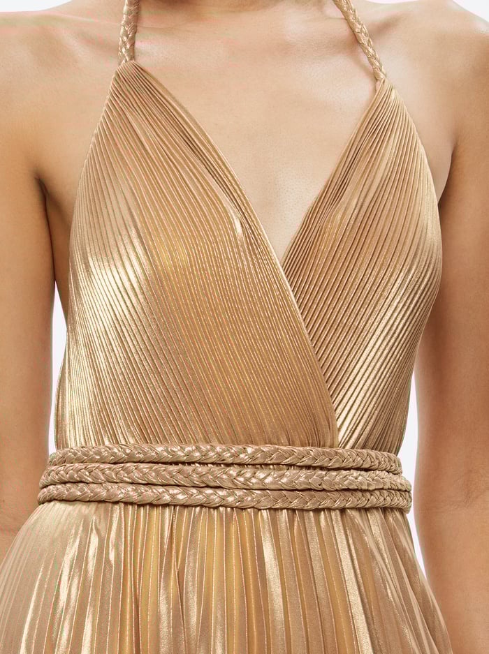 TRESA PLEATED MAXI DRESS WITH SLIT - GOLD image 1 - Alice And Olivia