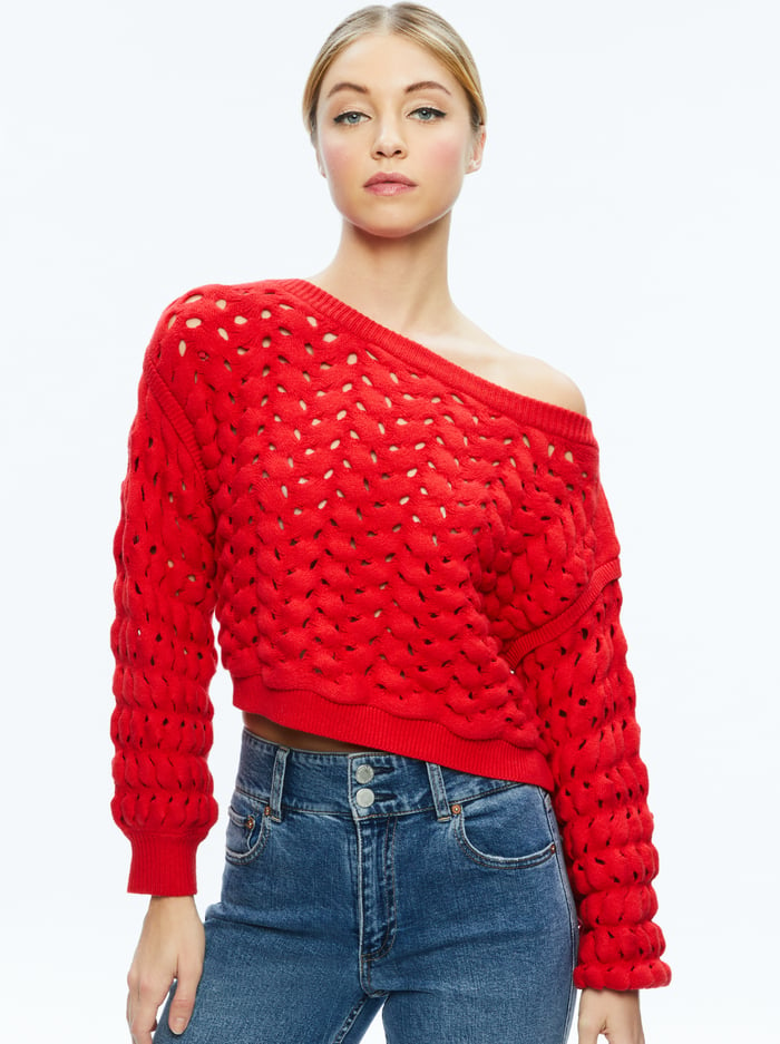 ALLENE CABLE KNIT CREWNECK - BRIGHT RUBY - Alice And Olivia