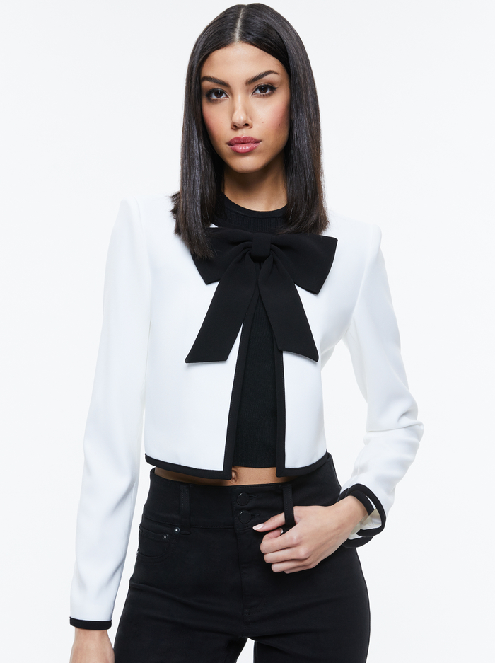 KIDMAN BOW FRONT CROPPED JACKET - OFF WHITE/BLACK - Alice And Olivia