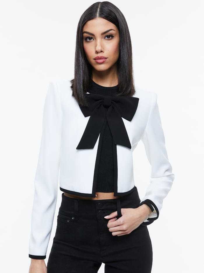 KIDMAN BOW FRONT CROPPED JACKET - OFF WHITE/BLACK - Alice And Olivia