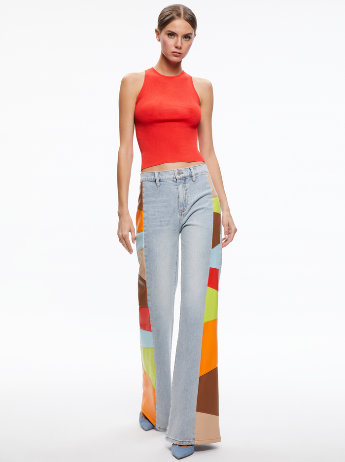 BEAUTIFUL VEGAN LEATHER PATCHWORK FLARE JEAN - ROCKSTAR BLUE / MULTI image 4 - Alice And Olivia