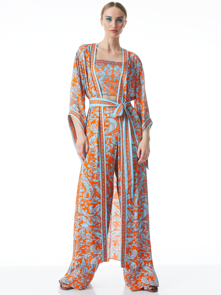 DOMINO MAXI KIMONO WITH TIE BELT + CERESI BANDEAU TOP + ATHENA SMOCKED WAISTBAND WIDE LEG PANT - 
