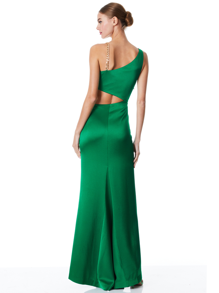 KAROLINE CHAIN SHOULDER CUTOUT GOWN - EMERALD image 1 - Alice And Olivia