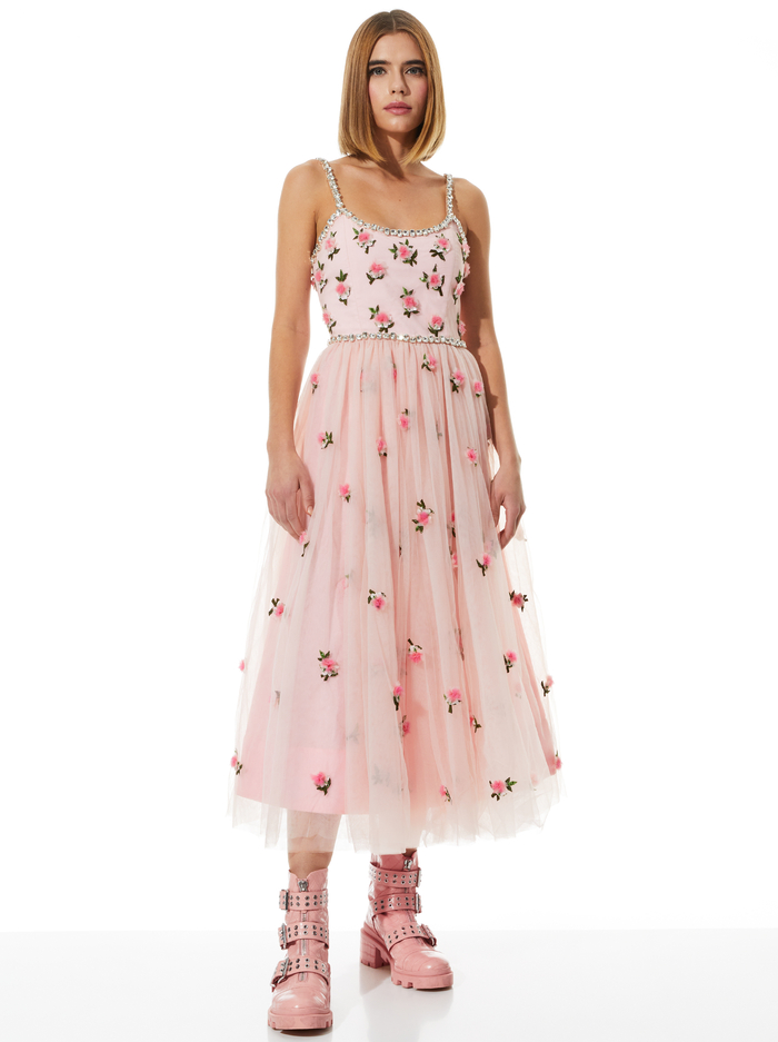 LUPITA CRYSTAL STRAP EMBELLISHED TULLE MIDI GOWN - PETAL/PRIMROSE - Alice And Olivia
