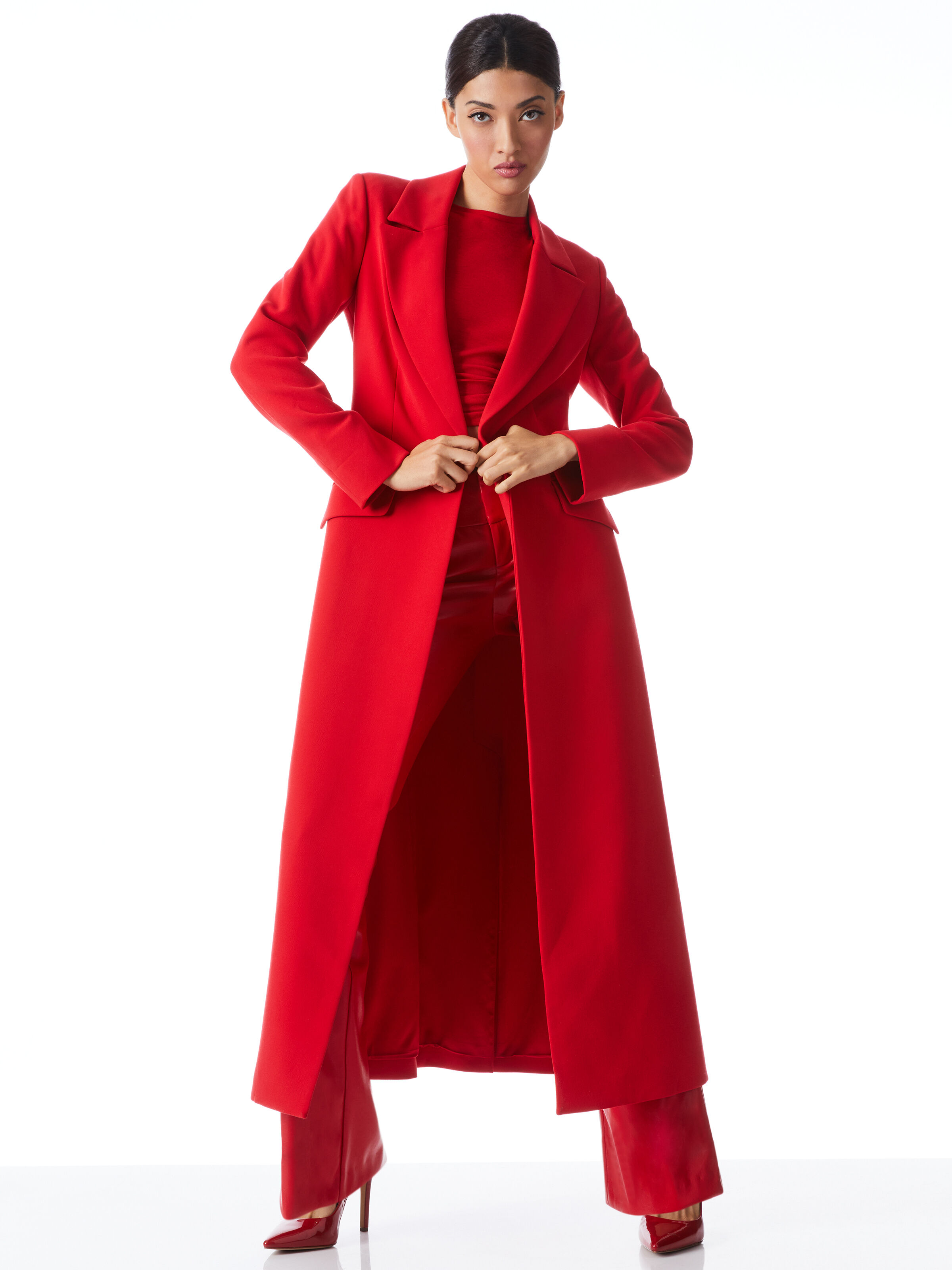 THEO NOTCH COLLAR COAT CINDY CLASSIC CROPPED TEE OLIVIA VEGAN LEATHER BOOTCUT PANT
