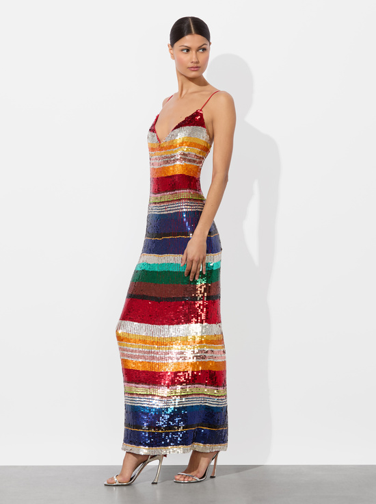 RAINBOW STRIPE-ARTEA EMBELLISHED MAXI DRESS