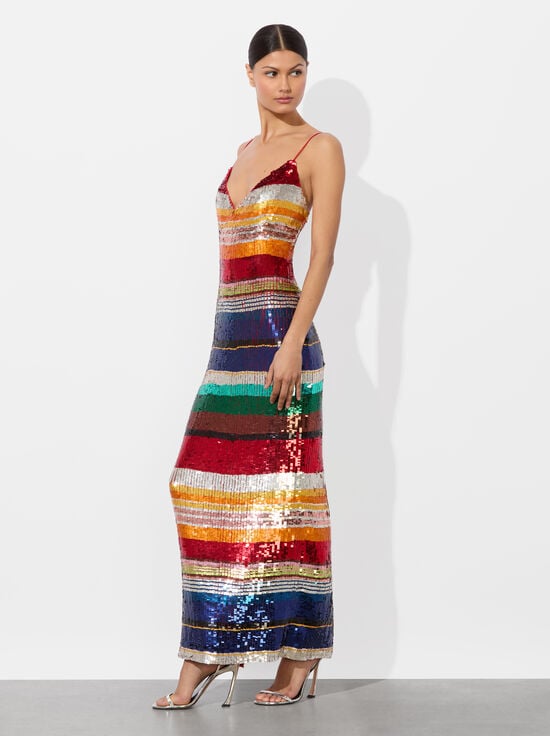 RAINBOW STRIPE-ARTEA EMBELLISHED MAXI DRESS