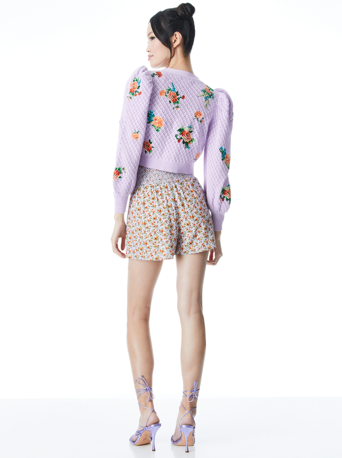 MORITA FLORAL PUFF SLEEVE CARDIGAN - LAVENDER MULTI image 1 - Alice And Olivia