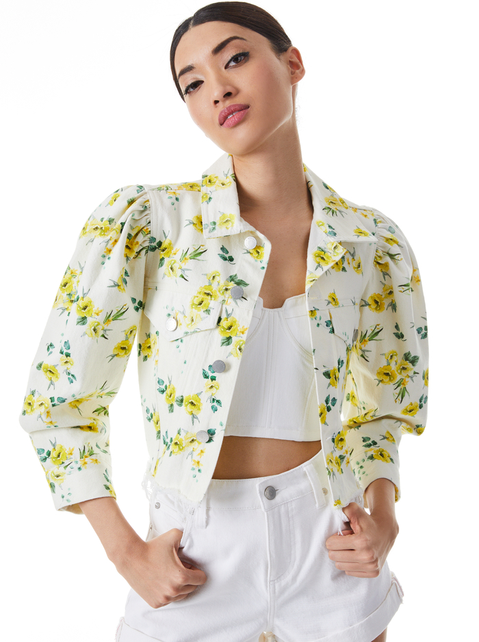 LANA CROPPED PUFF SLEEVE DENIM JACKET - DRIFTING BY FLORAL - Alice And Olivia