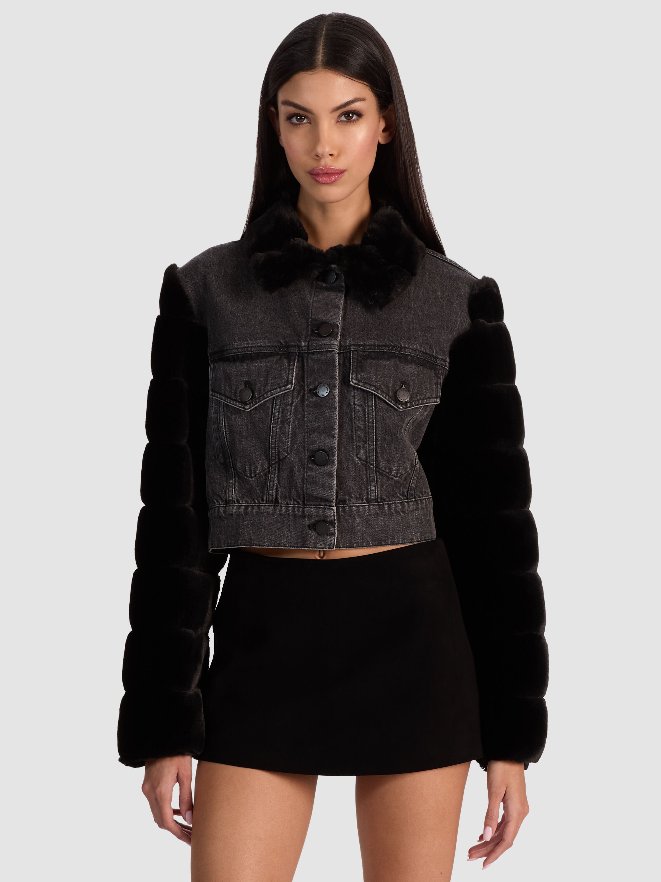 Jeff Faux Fur Denim Jacket In Charlotte Grey | Alice + Olivia