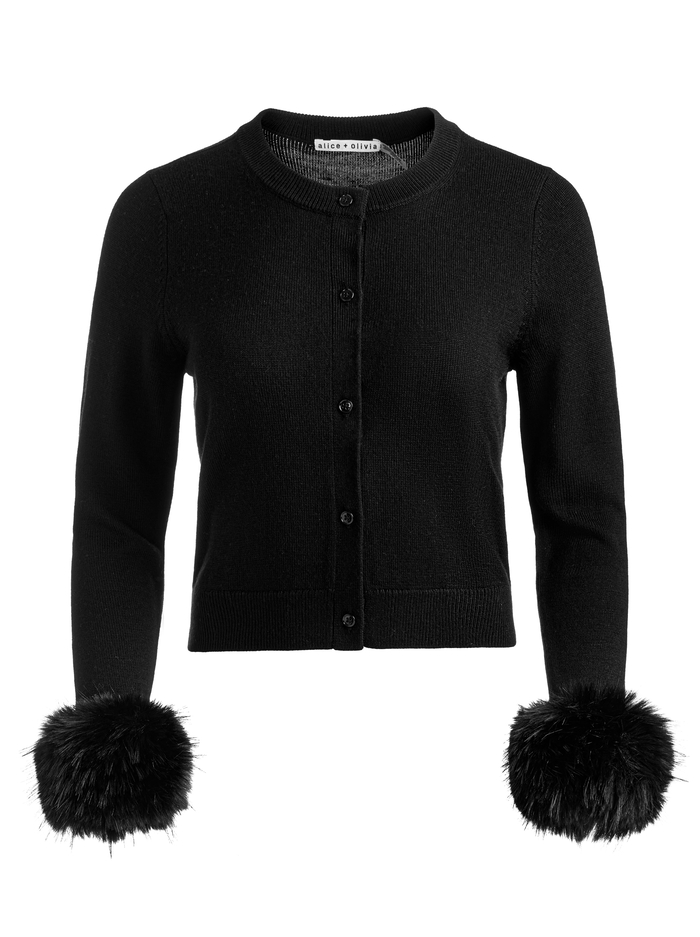 DOLLIE FAUX FUR CUFF CARDIGAN - BLACK image 5 - Alice And Olivia