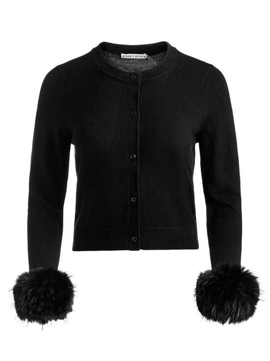 BLACK-DOLLIE FAUX FUR CUFF CARDIGAN