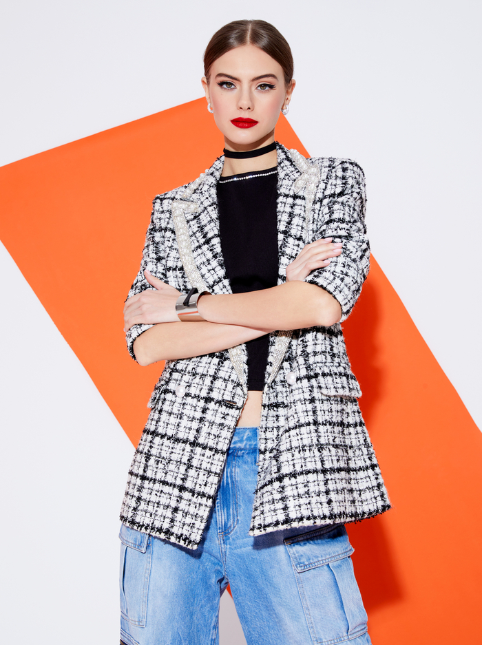 JUSTIN TWEED EMBELLISHED BLAZER - BLACK/OFF WHITE image 6 - Alice And Olivia