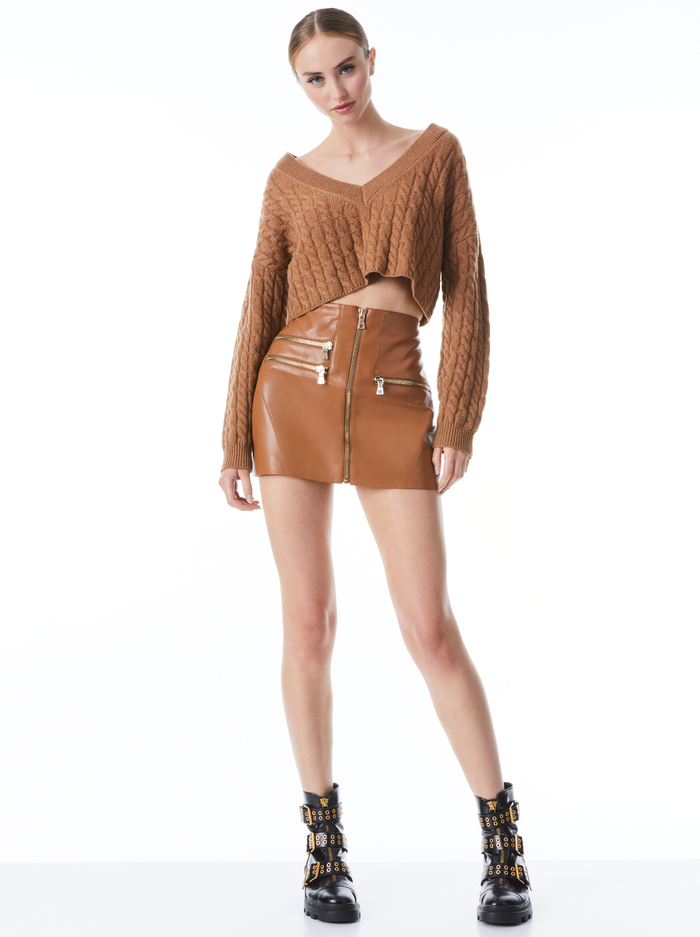 KENDALE FRONT ZIP VEGAN LEATHER MINI SKIRT - CAMEL image 2 - ALICE + OLIVIA