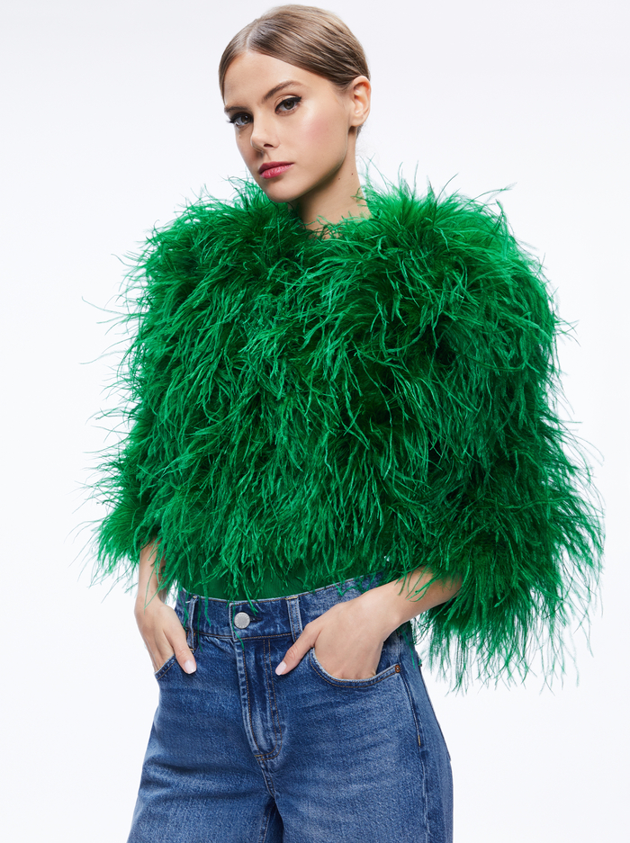 KIDMAN FEATHER JACKET - EMERALD - Alice And Olivia
