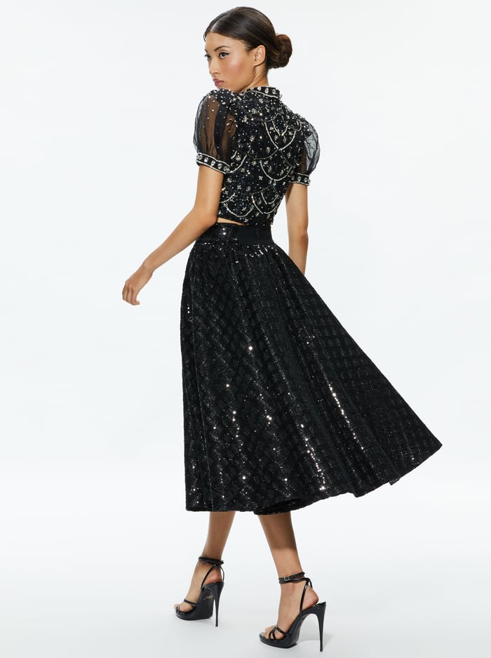 KRISTINA EMBELLISHED PUFF SLEEVE CROP TOP - BLACK/MULTI image 1 - Alice And Olivia