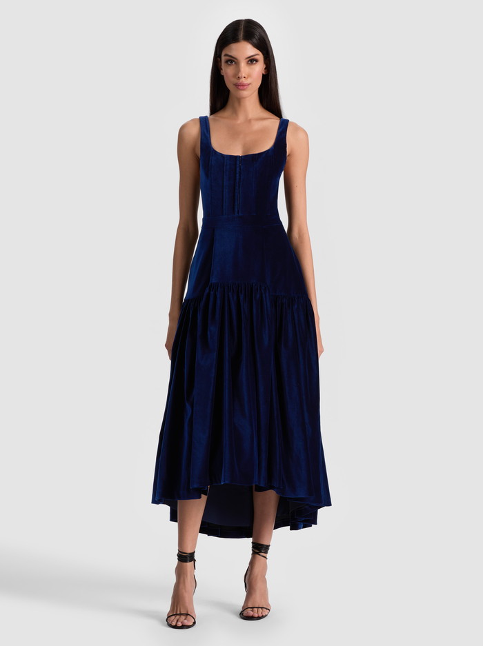DIANA VELVET STRUCTURED MIDI DRESS - DARK MIDNIGHT BLUE - Alice And Olivia