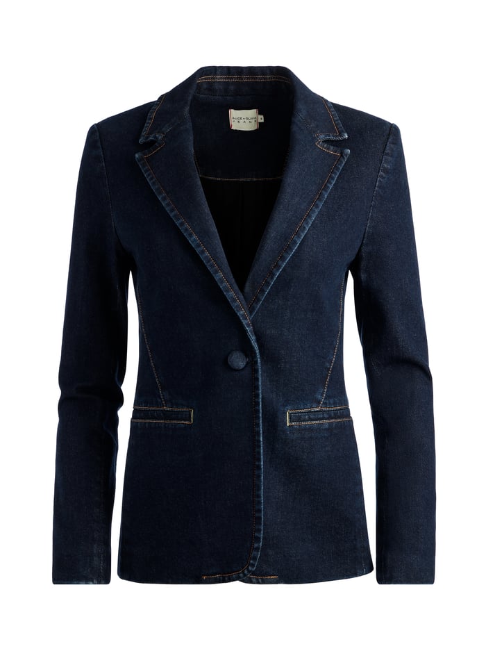 MACEY DENIM FITTED BLAZER - DARK RINSE image 4 - Alice And Olivia
