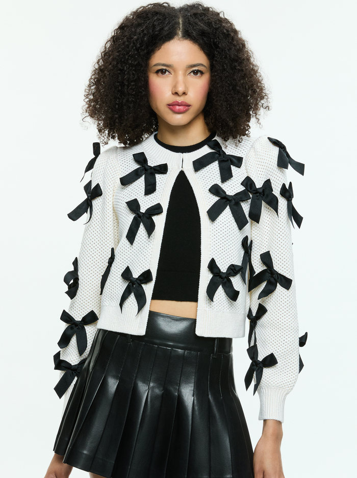 KITTY BOW CARDIGAN - SOFT WHITE/BLACK - Alice And Olivia