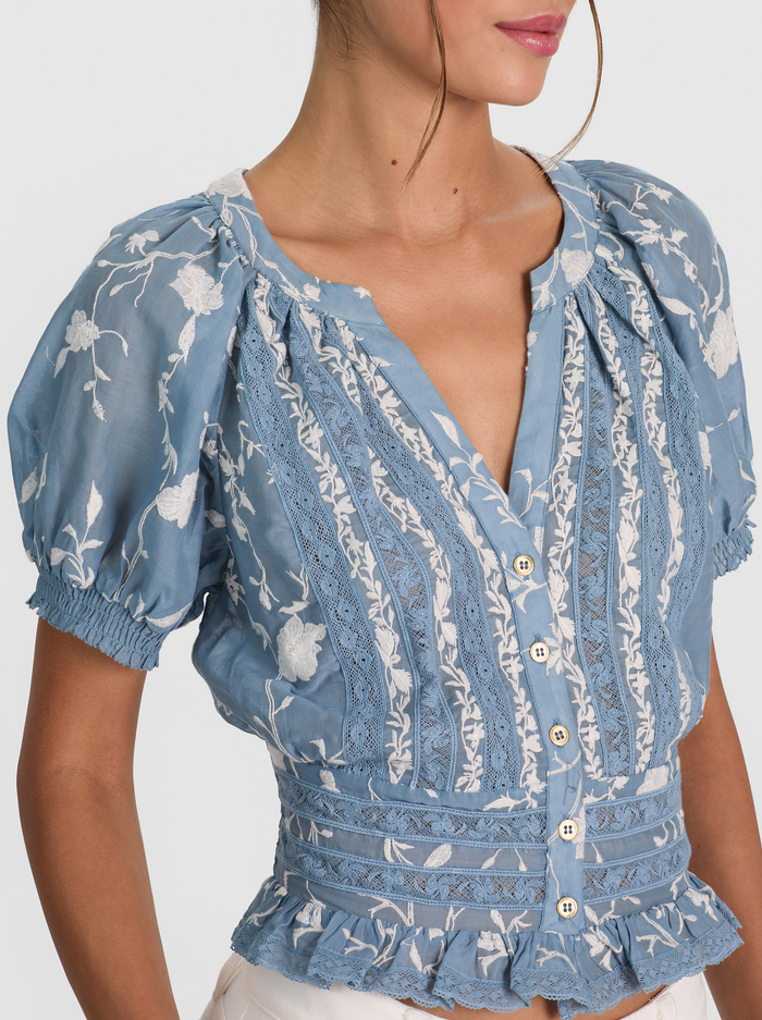 KATHRYN LACE TRIM BLOUSE - DEEP DENIM BLUE/VANILLA image 3 - ALICE + OLIVIA