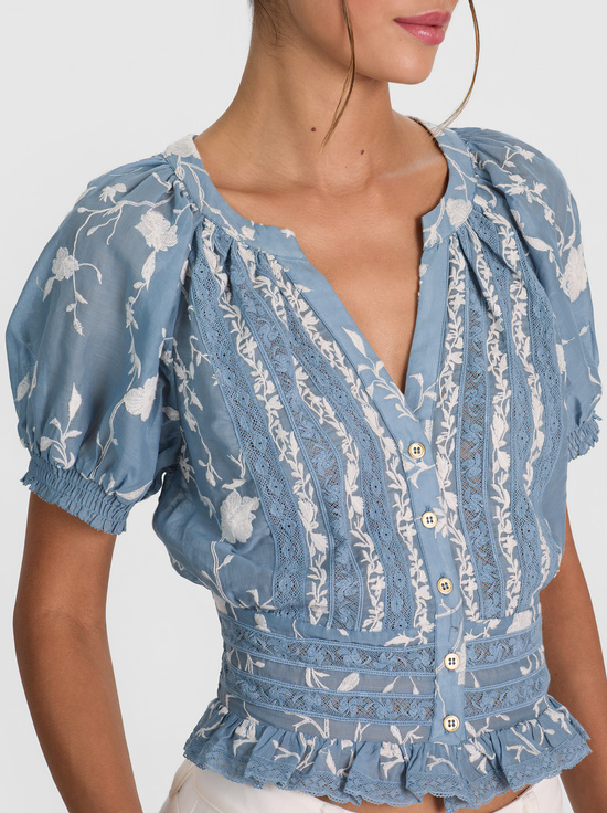 DEEP DENIM BLUE/VANILLA-KATHRYN LACE TRIM BLOUSE
