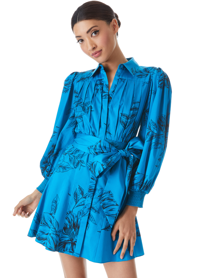 TIFFIE BELTED MINI DRESS - ASTER FLORAL TURKISH BLUE image 2 - Alice And Olivia