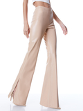 TEENY VEGAN LEATHER SIDE SLIT PANT - ALMOND