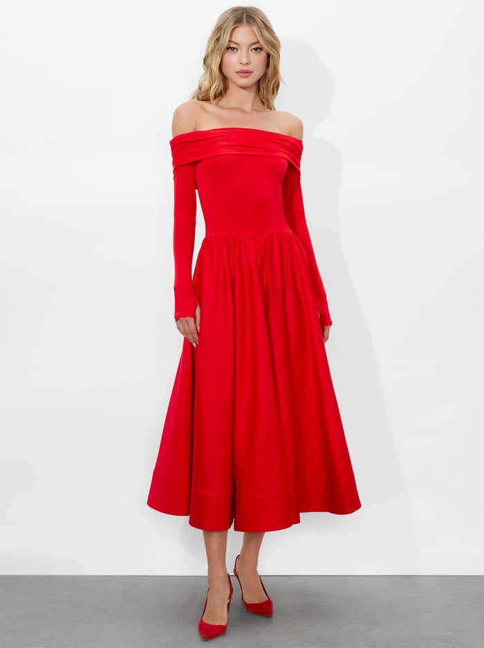 CHARA FLARED MIDI DRESS - BRIGHT RUBY image 3 - Alice And Olivia