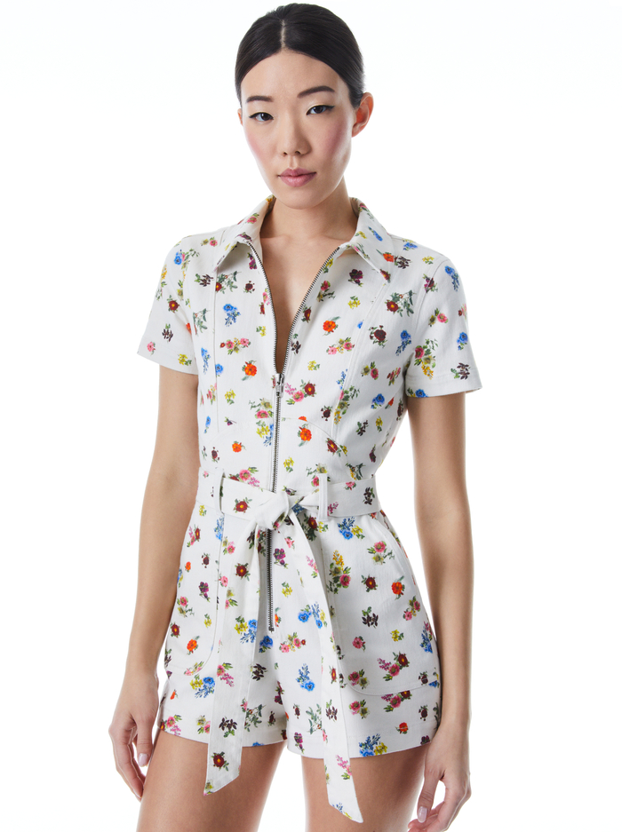 GORGEOUS DENIM ROMPER WITH TIE BELT - OFF WHITE MULTI - Alice And Olivia