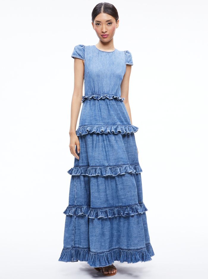 CADBY DENIM RUFFLED MAXI DRESS - IVY BLUE image 4 - Alice And Olivia