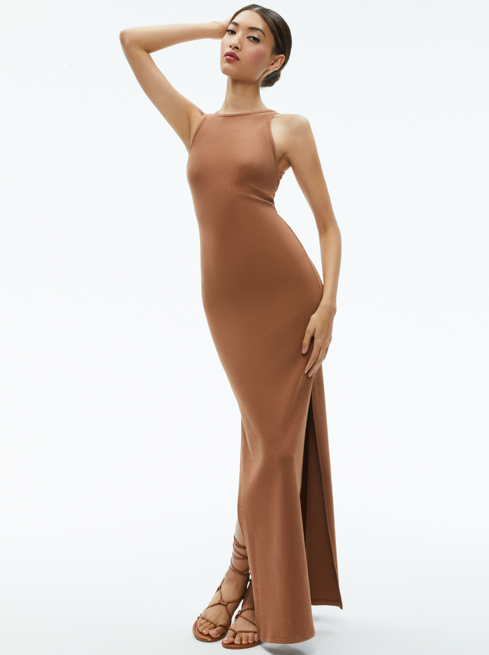 PANIA RACERBACK RIBBED SIDE SLIT MAXI DRESS - CAMEL image 4 - Alice And Olivia