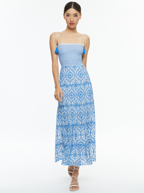 MARNA TIERED MIDI TIE STRAP DRESS in OFF WHITE/FRENCH BLUE | ALICE + OLIVIA MARNA TIERED MIDI TIE STRAP DRESS in OFF WHITE/FRENCH BLUE | ALICE + OLIVIA