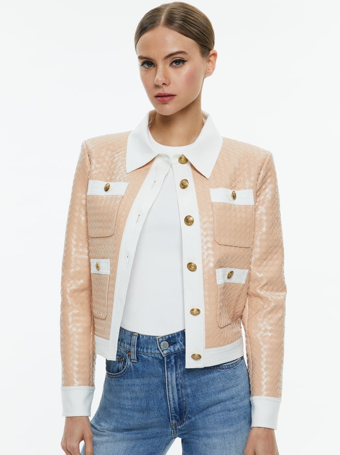 KINLEY WOVEN VEGAN LEATHER JACKET - ALMOND/OFF WHITE - Alice And Olivia