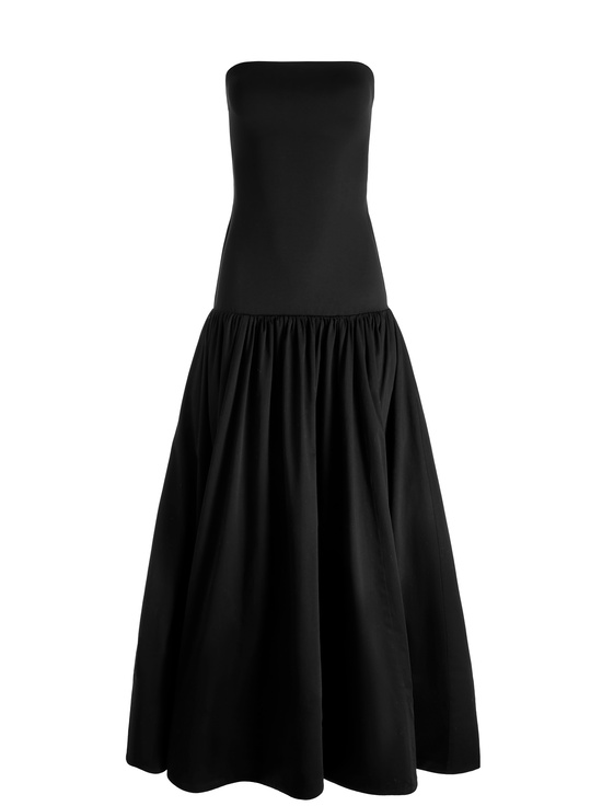 BLACK-ORIANA DROP WAIST MIDI DRESS