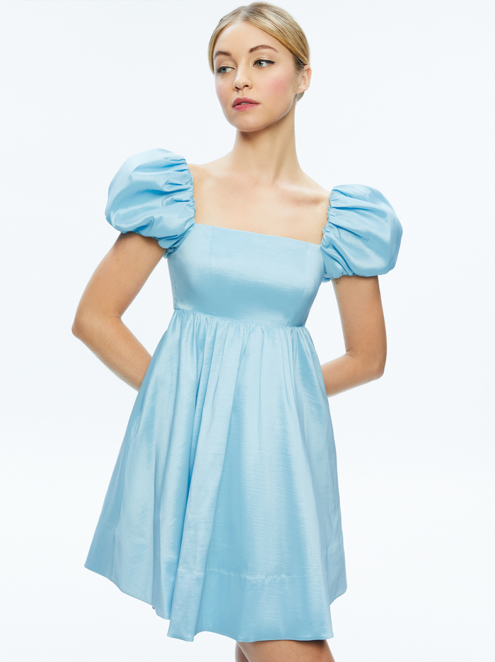 SHARILYN BUBBLE SLEEVE TIE BACK MINI DRESS - ICE image 2 - Alice And Olivia