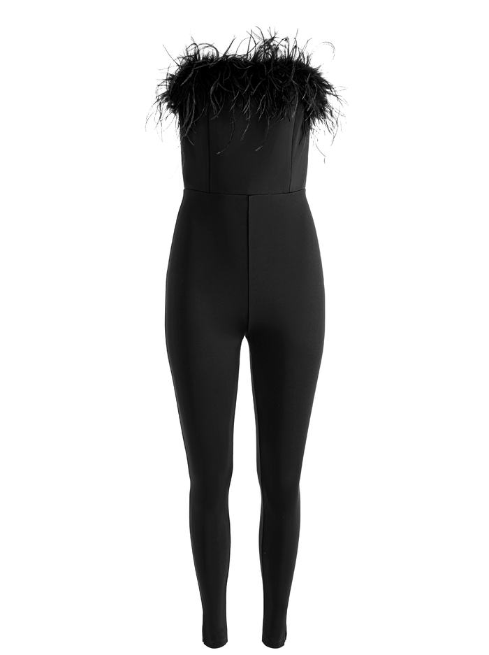 IDELL OFF SHOULDER FEATHER TRIM JUMPSUIT - BLACK image 5 - Alice And Olivia