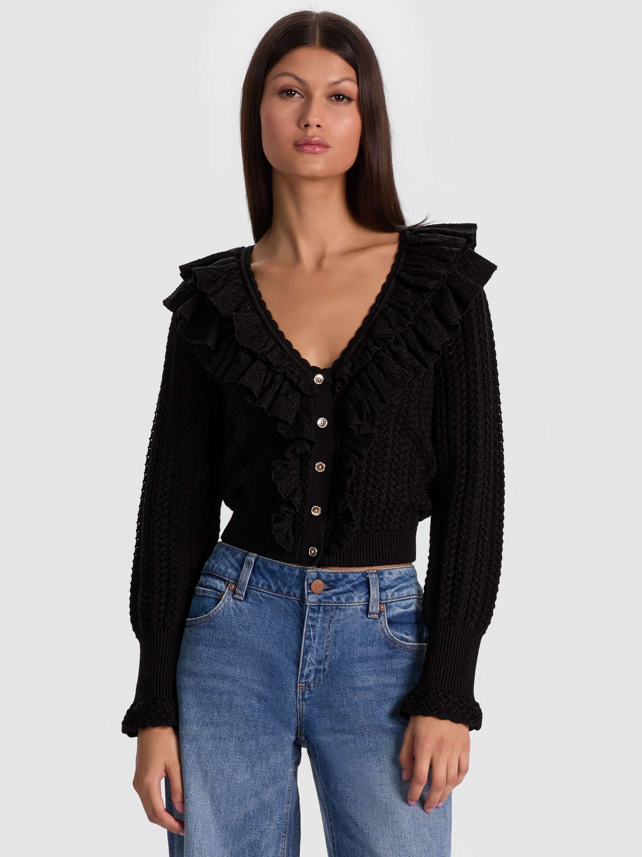 Eileen Ruffle Cardigan In Black | Alice + Olivia