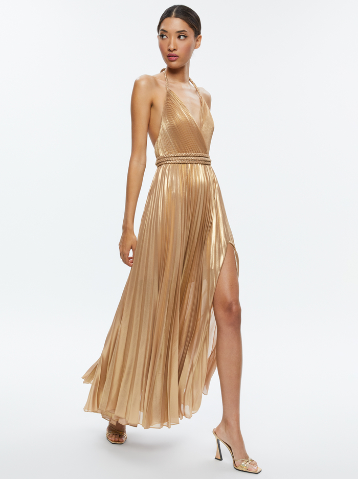 TRESA PLEATED MAXI DRESS WITH SLIT - GOLD image 3 - Alice And Olivia