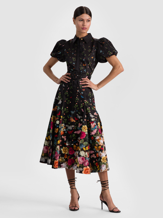 SOLAR STRENGTH BLACK-HENRIETTA BELTED MIDI DRESS