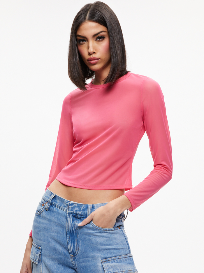 DELAINA LONG SLEEVE MESH CROP TOP - CANDY - Alice And Olivia