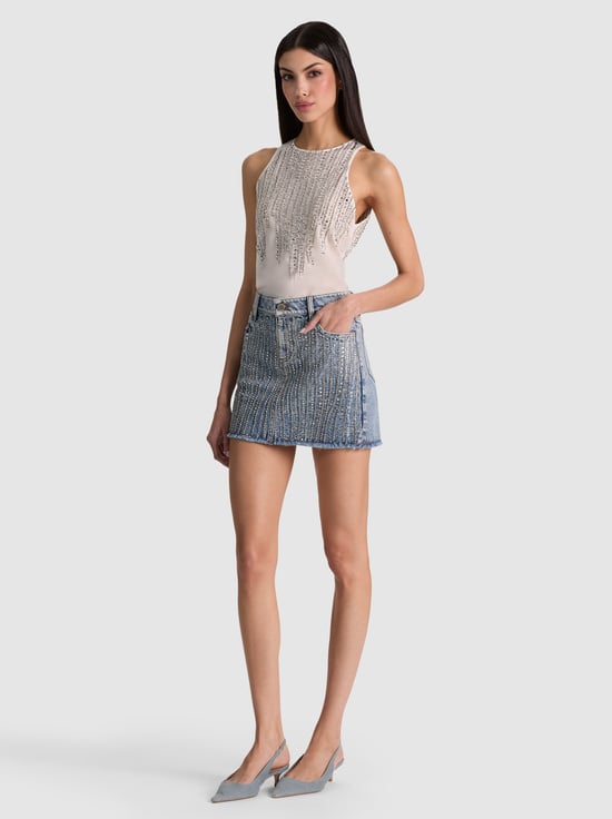 FIONA VINTAGE BLUE-KIERA EMBELLISHED DENIM MINI SKIRT