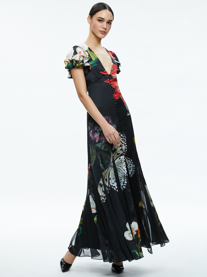 FARA DEEP V-NECK FLUTTER SLEEVE MAXI DRESS - ESSENTIAL FLORAL image 4 - Alice And Olivia