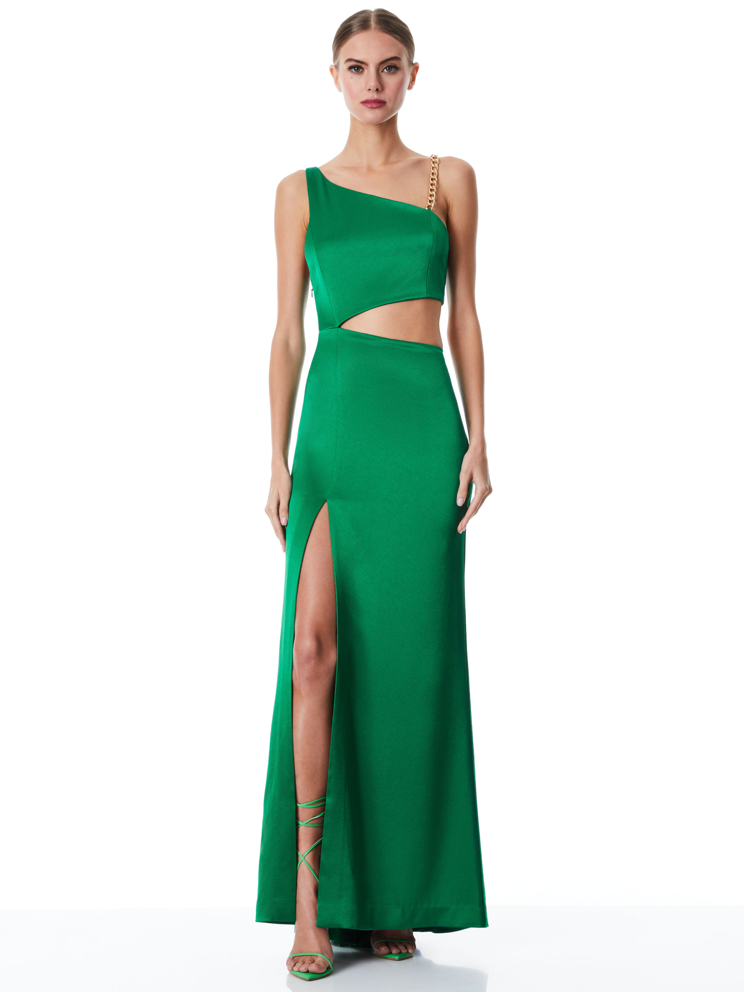 Karoline Chain Shoulder Cutout Gown In Emerald Alice Olivia