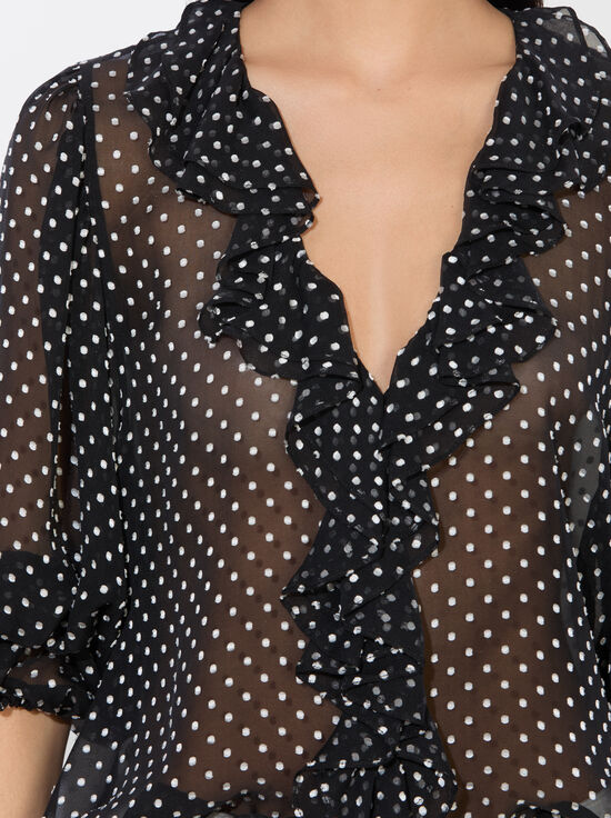 BLACK/OFF WHITE POLKA DOT-BETSIE RUFFLED BLOUSE