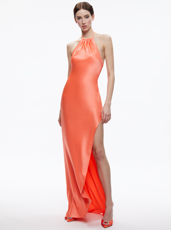 alice olivia rayni satin halter midi dress Silk mid-length dress
