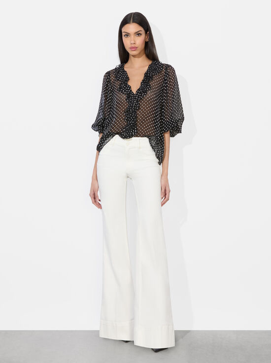 BLACK/OFF WHITE POLKA DOT-BETSIE RUFFLED BLOUSE
